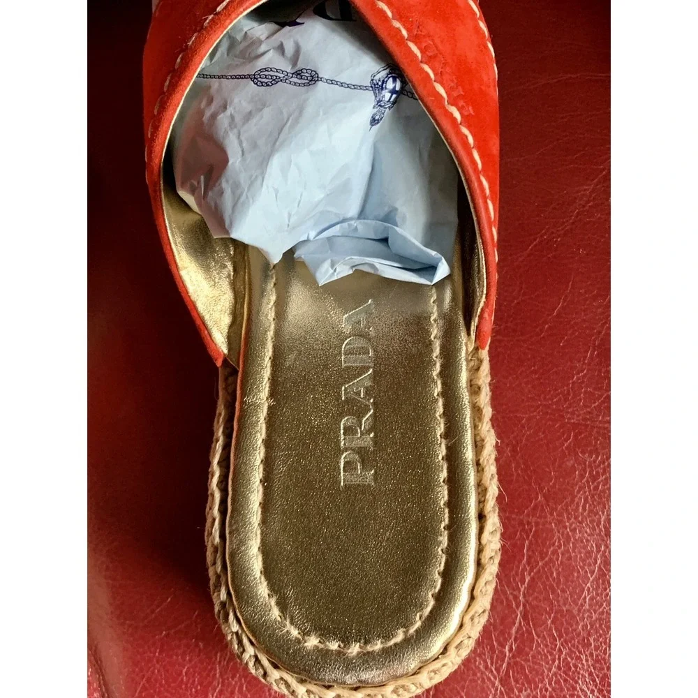 Authentic PRADA Red Espadrille Slide Wedges Sandal Size 8.5